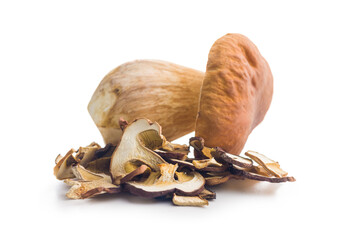 Poster - Dried porcini mushrooms. Sliced boletus isolated on white background.