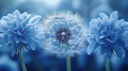 Sticker -   A close-up of a dandelion plant with blue flowers in the foreground and a blurry background