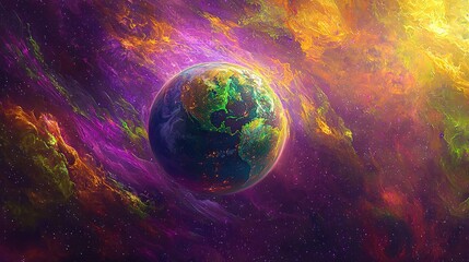 Wall Mural -  Space scene featuring a vivid planet in the foreground amidst a stunning backdrop of stars