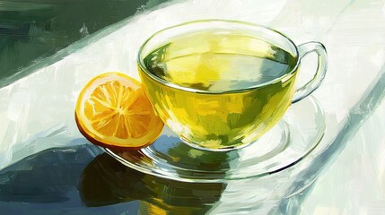 Wall Mural -   A glass cup of tea with a half-orange on the side