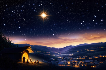 wooden stable at dark blue starry night, jesus christ birth conceptm, nativity scene