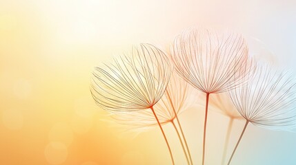 Poster -   A pair of dandelions resting atop a table against a yellow-blue hazy backdrop