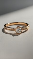 Elegant gold engagement ring with a sparkling diamond on a softly lit surface