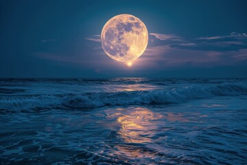 A stunning full moon shines brightly over the calm ocean waters during a tranquil night