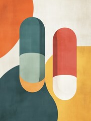 Poster - A vibrant design showcases oversized pill shapes in various colors on a smooth, warm-toned background, creating an eye-catching effect