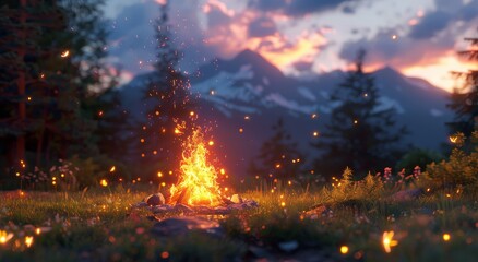 A cozy campfire burns brightly in the wilderness at sunset with mountains in the background