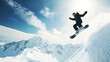 © Lias - A snowboarder executing a perfect grab trick in mid-air with the snowy mountains and bright sky behind them.