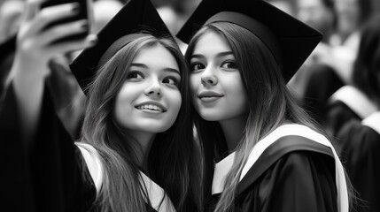 graduation day celebration of two friends taking a selfie in their caps and gowns inside the auditor