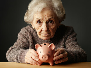 An elderly woman reflecting on savings while holding a piggy bank at home during the afternoon