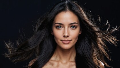 Close-up portrait of an elegant woman with flowing dark hair and a confident, serene expression. The black background highlights her natural beauty and grace.

