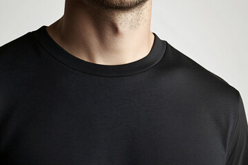 Fashionable oversized black T-shirt on a guy on a white background. Mockup close-up shot of the neck, presentation and advertising of the brand, merch and clothing stores. Showroom sale