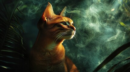 Wall Mural -   Close-up of a cat beside a plant with smoke emanating from its head