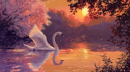 Canvas Print -   A painting of a swan swimming in a lake with trees in the foreground and a setting sun in the background is optimized as Swan in a Lake with Sunset and Trees