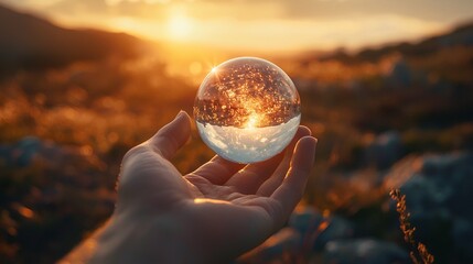 Canvas Print -   A person holds a crystal ball amidst a field at sunset