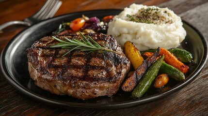 Sticker -   Close-up of a plate of food featuring meat and vegetables on a wooden table, with a fork in focus