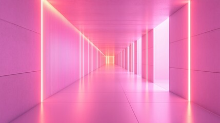 Poster - A modern corridor illuminated with vibrant pink lights and sleek minimalist design in a contemporary building during the evening