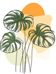 Wall Mural - A vibrant illustration features tropical green plants with bold leaves, set against soft, colorful shapes in the background