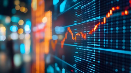 Close up shot on digital screen data value of stock market change and volatility prices profit or loss