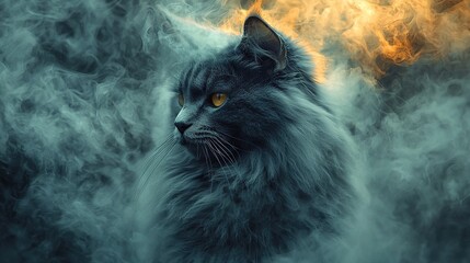 Wall Mural -  A black cat with yellow eyes in a cloud of smoke in front of a yellow and black fire background