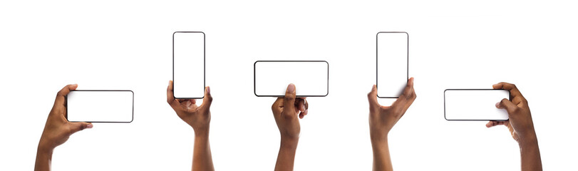 Set of black woman's hands holding smartphone with blank screen isolated on white background, panorama