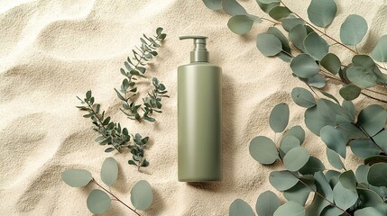 Canvas Print -   A lotion bottle rests on a sandy ground surrounded by lush greenery