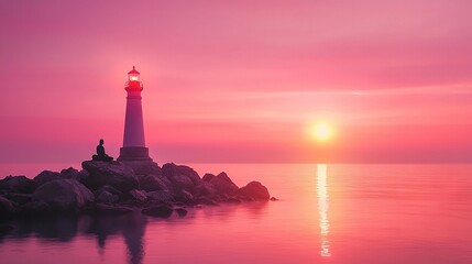 Poster -   A lighthouse perched atop a rock amidst a tranquil body of water, bathed in the warm glow of the setting sun