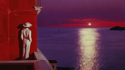 Wall Mural -   A man in a white suit and hat stands beside a red wall overlooking a body of water during sunset