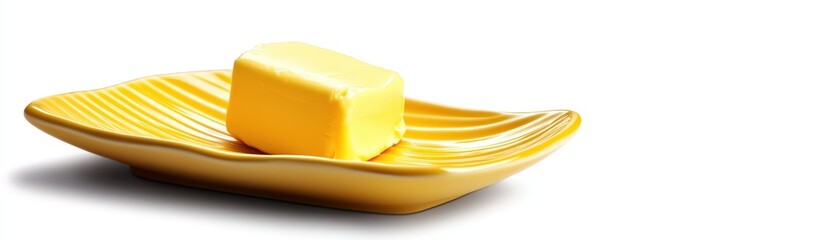 Fresh butter on a yellow plate, white isolated background.