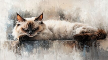 Wall Mural -   A white and brown cat is comfortably lounging on a windowsill, its head softly resting against the ledge