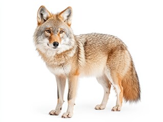 Coyote standing gracefully, white isolated background.