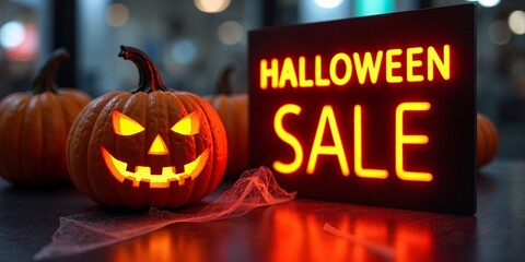 Halloween sale, Halloween digital marketing, Pumpkin themed sale, Halloween banner, marketing idea, scene horror, Top view photo, stock photo, concept scary, pumpkins background