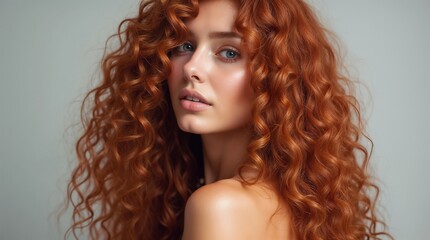 A stunning woman with long, curly red hair poses in profile. Her elegant style and captivating gaze express beauty and sophistication. Ideal for concepts of style, beauty, and femininity.

