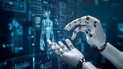 
Healthcare technology, Hands of robot hold healthcare system management tools, health records, medical devices, diagnostics, and patient monitoring technology.