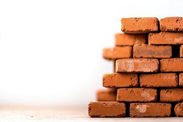 Stack of orange bricks against a white background, construction materials.