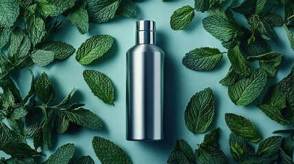 Poster -  A stainless steel water bottle sits on a blue surface, surrounded by green leaves on a lighter blue background