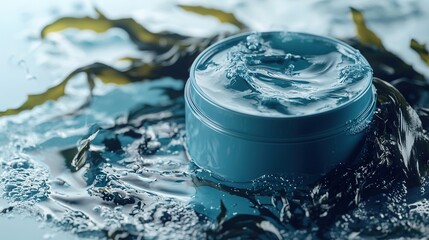 Canvas Print -   A blue container sits atop a water-covered ground, holding water next to a yellow leaf