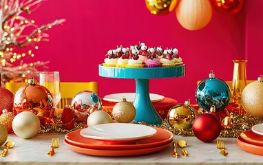 Festive dessert table display with colorful cakes and ornaments for a holiday celebration