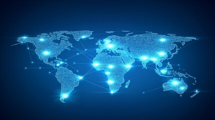Fototapete - Digital map of the world connected by a network of glowing nodes, symbolizing global connectivity, communication, and the internet's vast reach, Generative AI