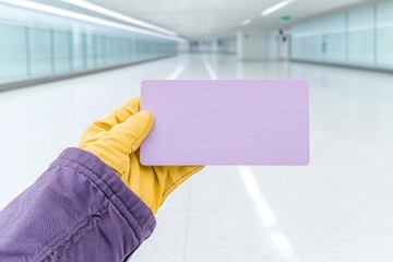 Person holding a blank card in a spacious, modern interior environment.