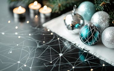 Wall Mural - Decorative holiday ornaments and candles arranged on a festive table with intricate patterns during winter celebrations