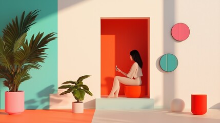 Poster - A woman relaxes in a colorful modern interior while using her smartphone in a stylish living space during the day