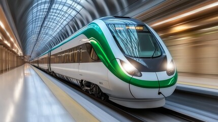 Green and white futuristic train in a modern station, representing high-speed travel, sleek design, and innovation in transportation, Generative AI