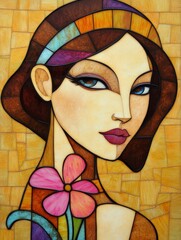 Wall Mural - A woman with striking features and a flower accentuates a colorful and geometric art piece, highlighting creativity and style