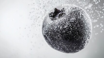 Sticker -   Black-and-white image of an apple in flight with numerous water droplets