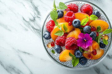 Delicious chia seed pudding with vibrant berries and fresh mint on marble