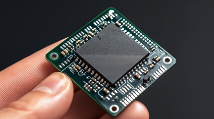 Leinwandbilder - Close-up of a person holding a small computer chip between their fingers, symbolizing precision and advancement in microchip technology, Generative AI