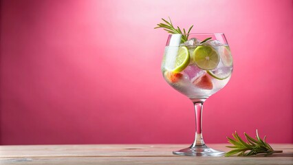 Refreshing summer gin tonic cocktail on pink background in natural light