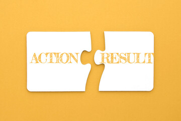 symbol action result, two puzzles on yellow background Concept words.