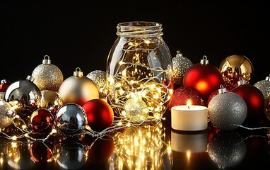 Festive holiday decorations featuring a glass jar with fairy lights and colorful ornaments on a dark background