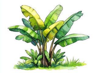 Wall Mural - Vibrant tropical banana plant with lush green leaves, white isolated background.